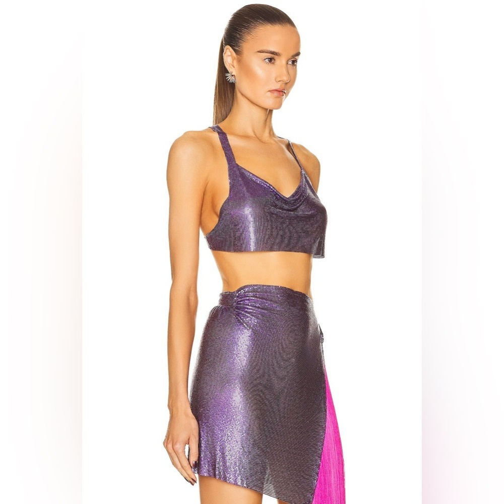 FANNIE SCHIAVONI Hailey Mesh Metallic Festival Draped Crop Top in Purple Size S